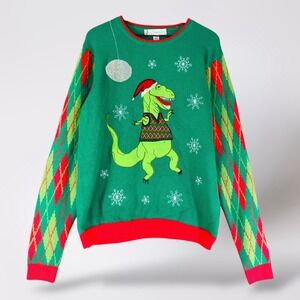 Jolly Sweaters L/G‎ Ugly Christmas Sweater Dinosaur T-Rex Argyle Holiday Party